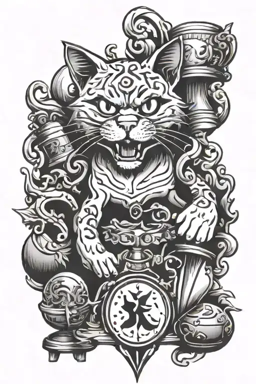 angry cat and trophies underneath tattoo design idea