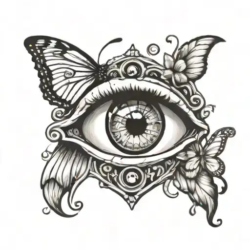 an eye with a reflection of people and  is in the center of a padlock and a butterfly and a solidarity hands  tattoo design idea