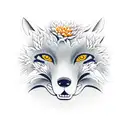japanese fox masks with water backgrounds and chrysanthemums flowers tattoo design idea