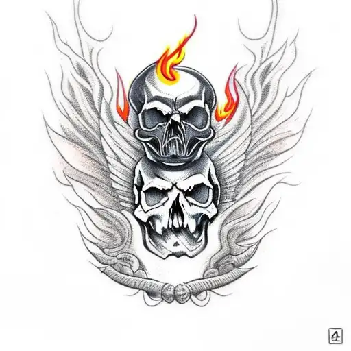 Skull with flames and Crow tattoo design idea