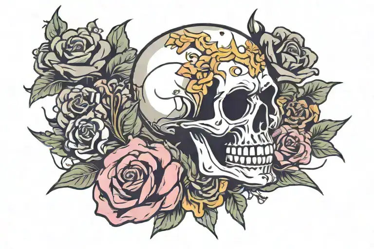 skull and flowers with lowrider tattoo design idea