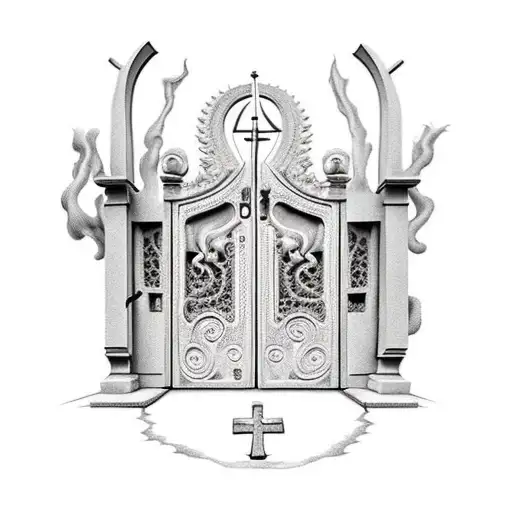 A surreal depiction of a cemetery gate leading to the fiery depths of hell tattoo design idea