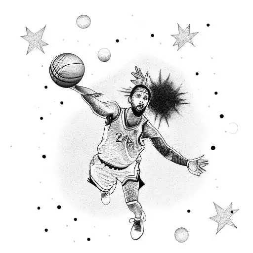 A dotwork tattoo of a basketball player shooting a three-pointer with shooting stars in the background tattoo design idea