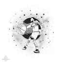 A dotwork tattoo of a basketball player shooting a three-pointer with shooting stars in the background tattoo design idea