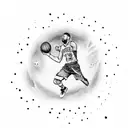 A dotwork tattoo of a basketball player shooting a three-pointer with shooting stars in the background tattoo design idea