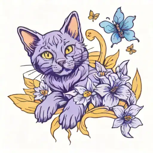 butterflies daffodils cat paw prints purple orange  tattoo design idea