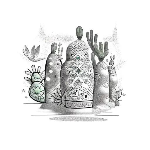 Matryoshka dolls Mexican style with blooming cacti around  tattoo design idea