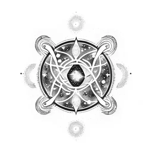 A cosmic Libra symbol surrounded by swirling galaxies and constellations tattoo design idea