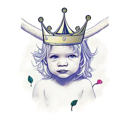 kid aries with a prince crown with a leaf background tattoo design idea