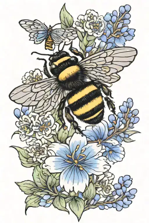 A bumblebee with multiple lavenders and other flowers in the Color Blue tattoo design idea