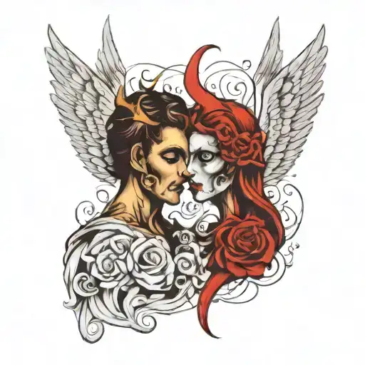 angel and demon whispering words tattoo design idea