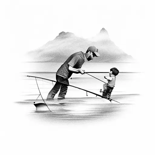father and son fishing third person tattoo design idea