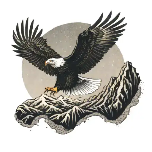 An eagle soaring over a mountain range, with a subtle movie reference hidden in the background, in a dotwork style tattoo design idea