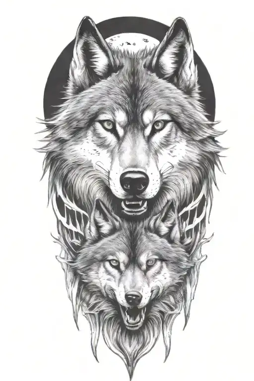 wolf face, wild, protective father wolf watching, teeth showing, full moon  tattoo design idea