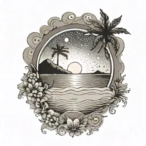 A dotwork tattoo of a sun shining over a serene beach scene, with your children's names subtly integrated into the design, symbolizing your love for your son and daughter tattoo design idea