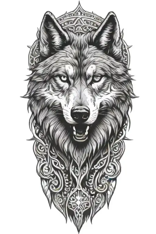 wolf face, wild, protective father wolf watching, teeth showing tattoo design idea