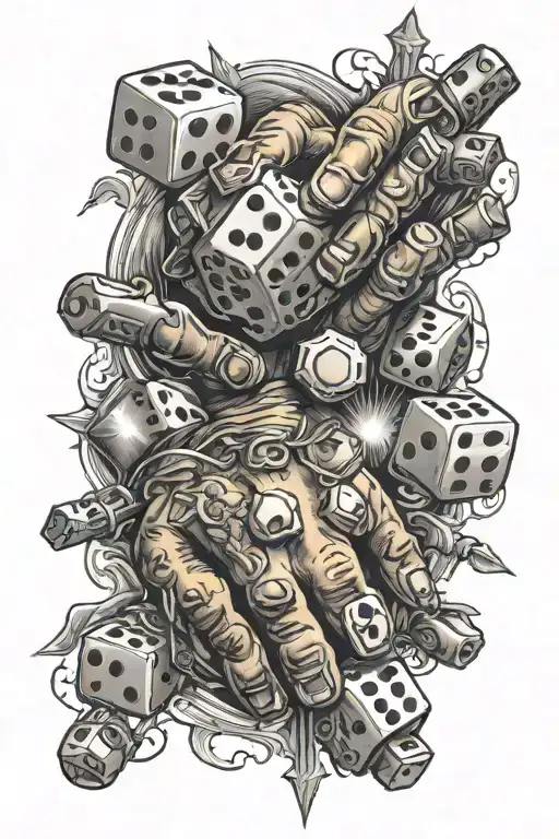 Sun, dice, two small hands holding fathers fingers tattoo design idea