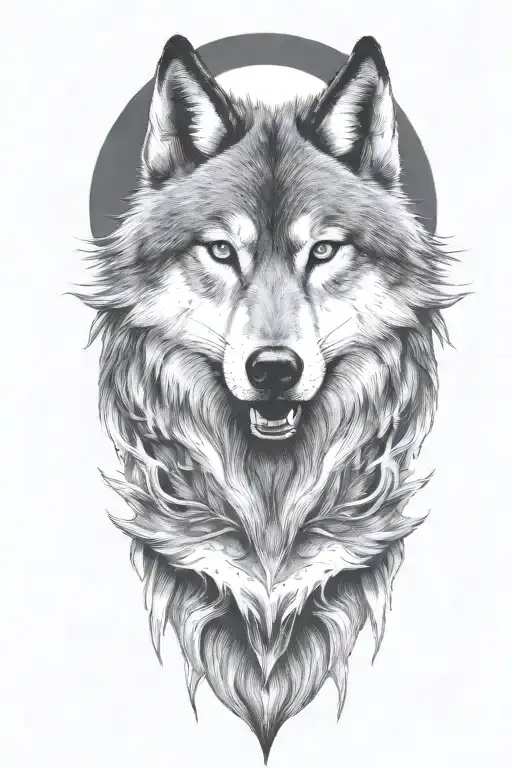 wolf face, wild, protective father wolf watching, teeth showing, full moon, masculine, intimidating, growling tattoo design idea