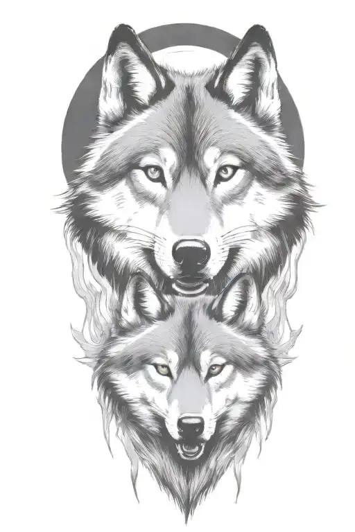 wolf face, wild, protective father wolf watching, teeth showing, full moon, masculine, intimidating, growling tattoo design idea
