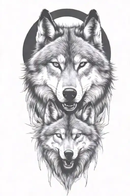 wolf face, wild, protective father wolf watching, teeth showing, full moon  tattoo design idea