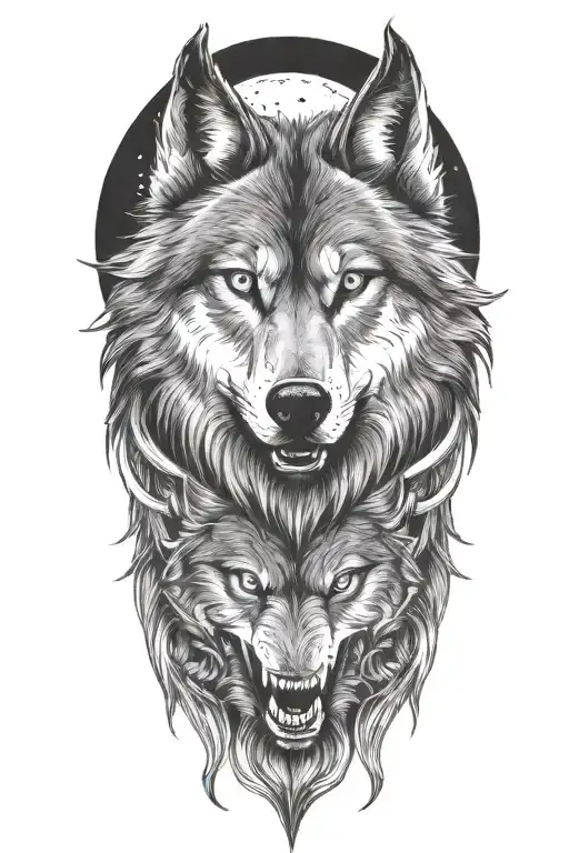 wolf face, wild, protective father wolf watching, teeth showing, full moon  tattoo design idea
