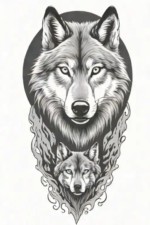 wolf face, wild, protective father wolf watching, teeth showing, full moon  tattoo design idea