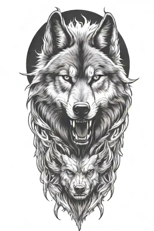 wolf face, wild, protective father wolf watching, teeth showing tattoo design idea