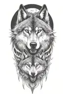 wolf face, wild, protective father wolf watching, teeth showing, full moon  tattoo design idea