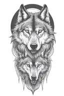 wolf face, wild, protective father wolf watching, teeth showing, full moon  tattoo design idea