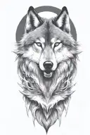wolf face, wild, protective father wolf watching, teeth showing, full moon, masculine, intimidating, growling tattoo design idea
