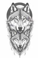 wolf face, wild, protective father wolf watching, teeth showing, full moon, masculine, intimidating, growling tattoo design idea