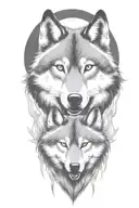 wolf face, wild, protective father wolf watching, teeth showing, full moon, masculine, intimidating, growling tattoo design idea
