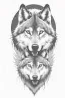 wolf face, wild, protective father wolf watching, teeth showing, full moon, masculine, intimidating, growling tattoo design idea