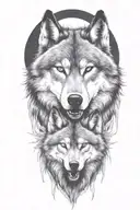 wolf face, wild, protective father wolf watching, teeth showing, full moon  tattoo design idea