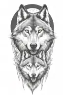 wolf face, wild, protective father wolf watching, teeth showing, full moon  tattoo design idea