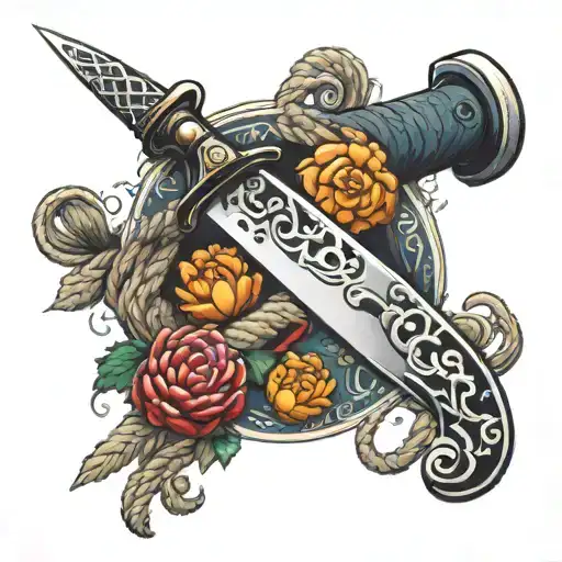 A chef's knife intertwined with a rope, symbolizing the balance between precision and creativity in cooking tattoo design idea