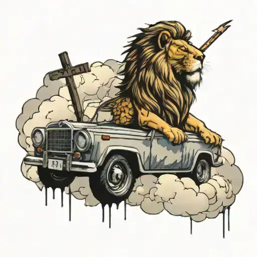 lion with a cross and clouds and cars and lightining tattoo design idea