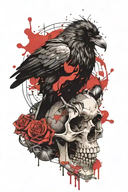 raven perched on a skull tattoo design idea