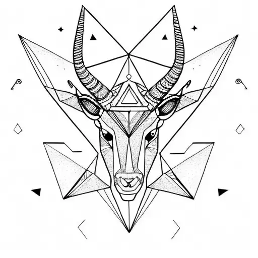 triangles and polygons creating a face of a capricorn with long horns and a mountain back ground tattoo design idea