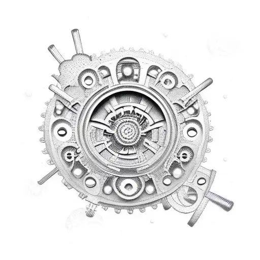 A 3D printer nozzle with gears and mechanical elements, surrounded by delicate dotwork flowers tattoo design idea