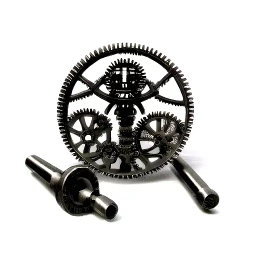 A 3D printer nozzle with gears and mechanical elements, surrounded by delicate dotwork flowers tattoo design idea