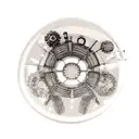 A 3D printer nozzle with gears and mechanical elements, surrounded by delicate dotwork flowers tattoo design idea