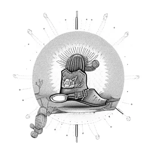 saguaro cactus with rising sun and skeleton with cowboy boots and hat leaning against cactus  tattoo design idea