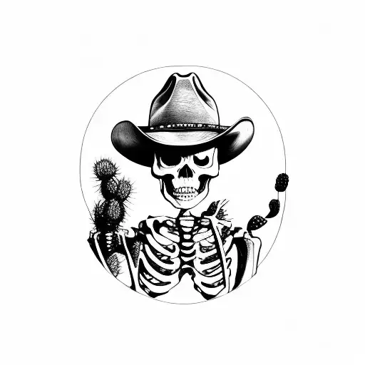 rising sun with rising sun and skeleton with cowboy boots and hat on leaning against cactus  tattoo design idea