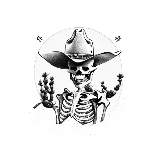 rising sun with rising sun and skeleton with cowboy boots and hat on leaning against cactus  tattoo design idea