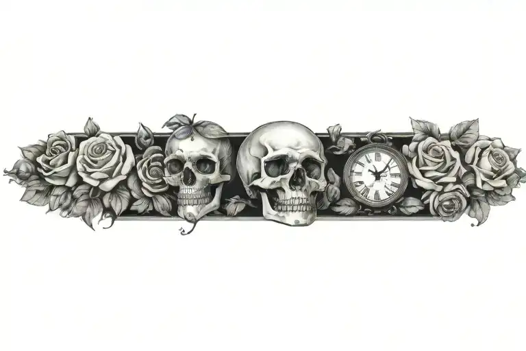 Skull, roses, clock, letters tattoo design idea