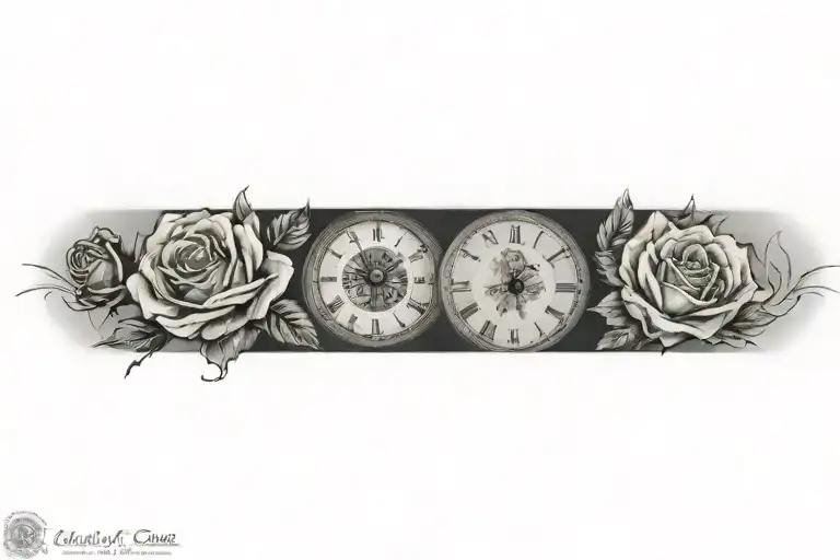 Roses, clock, us flag tattoo design idea