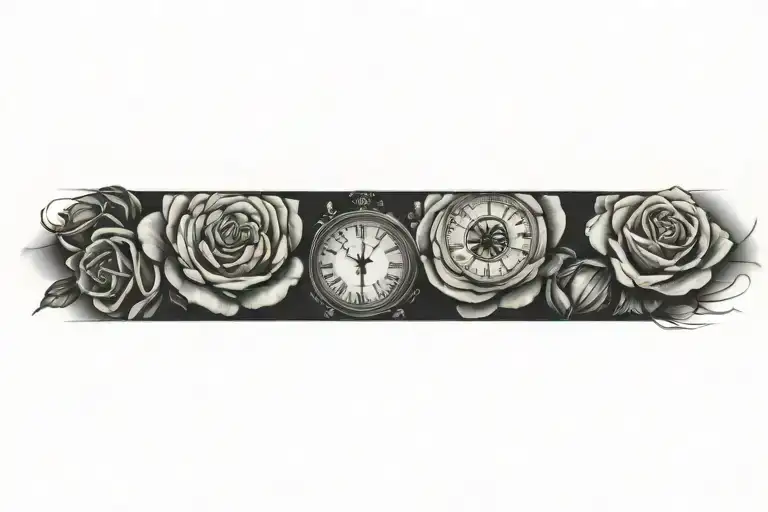 Roses, clock, us flag tattoo design idea