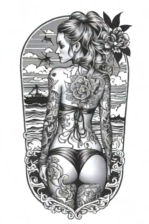 Sexy Girl Back Facing Bikini Standings Tattoo Design Idea tattoo design idea