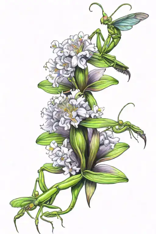 praying mantis orchid flowers intertwined tattoo design idea